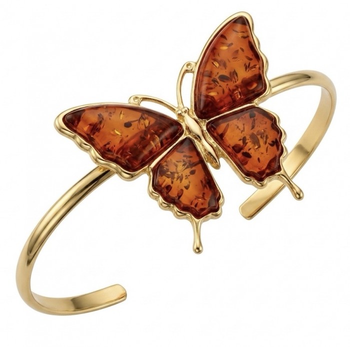 Golden Butterfly Genuine carved Baltic Amber .925 Sterling Silver dipped in 18K Gold handamde Bracelet - Butterfly bracelet with amber detail, top view