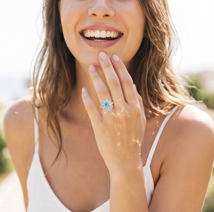 Estelle - Authentic 3.1 carat COLOMBIAN EMERALD .925 Sterling Silver handcrafted Ring size 7 1/2 - Woman wearing ring with 3.1 carat Colombian emerald, front view.