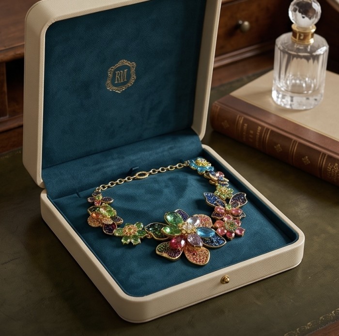 Blooming Garden 145.2 carat Natural multicolot Topaz 14k Gold over .925 Sterling Silver handcrafted Statement necklace - Top view of colorful floral necklace in open case on a table.