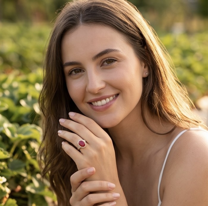 Carmen Authentic 12.5 carat Mozambique Ruby .925 Sterling Silver dippedin 22K Gold brilliantly handcrafted Statement ring; s. 6 1/2 - Woman wearing Carmen 12.5ct Mozambique Ruby ring in sterling silver.