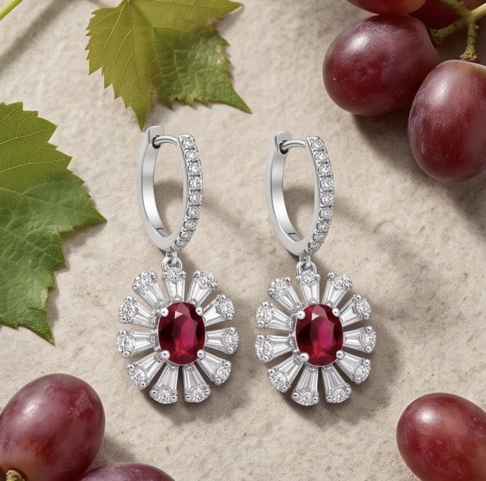 Giovanna - 4.5 carat Ruby .925 Sterling Silver handcrafted incredible earrings - Ruby earrings with diamond halo on beige surface with grapes and leaves.