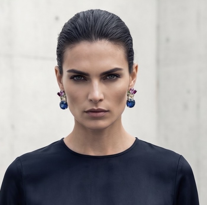 Blue Magic 15.5 carat London Blue Topaz .925 Sterling Silver handmade Statement earrings - Woman wearing Blue Magic earrings with blue topaz stones, front view.