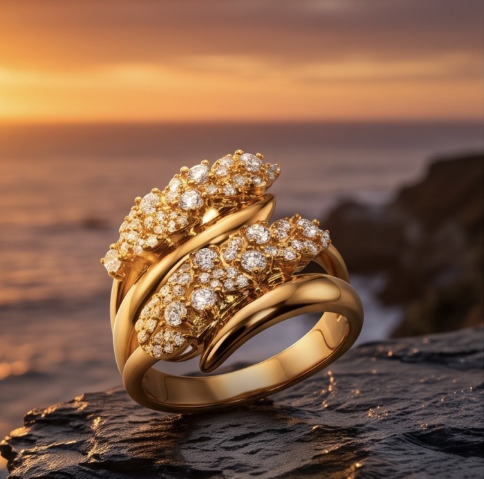 Authentic 4.2 carat Morganite 14K White Gold over .925 Sterling Silver ring s. 8 - Gold ring with diamonds on rocky shore at sunset, side view.