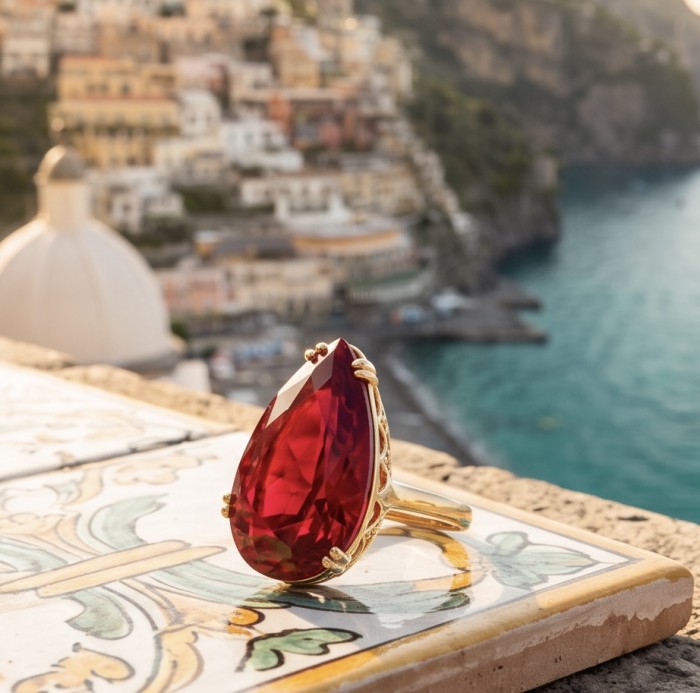 Carmen Natural 25.4 carat Ruby .925 Sterling Silver dipped in 22K Gold handmade Large Statement Ring size 6 1/4 - Close-up of Carmen 25.4 ct ruby ring with scenic background