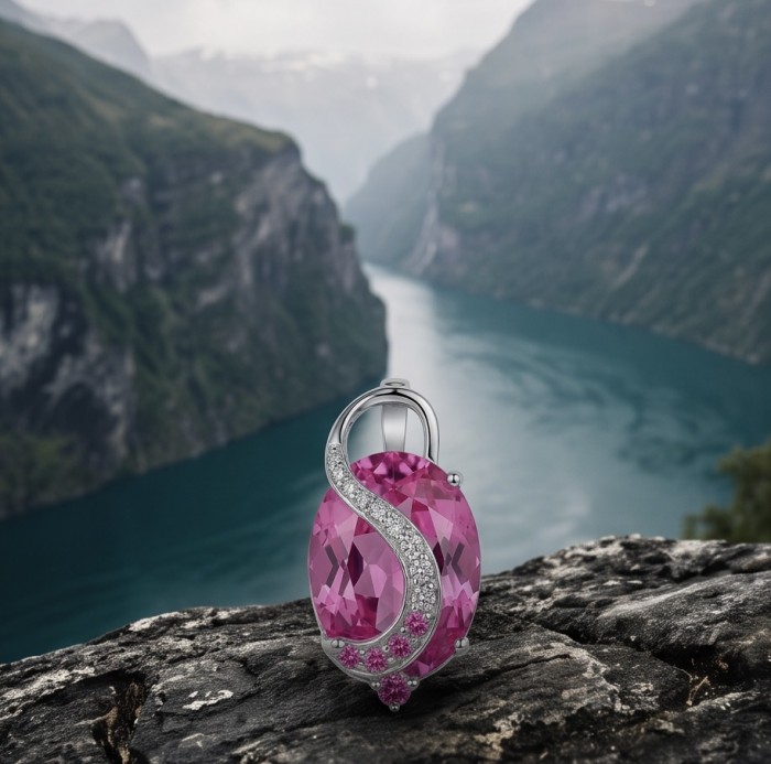 Incredible oval cut 17.8 carat Pink Sapphire .925 Sterling Silver handcrafted pendant - Close-up of an oval cut pink sapphire pendant in scenic setting.