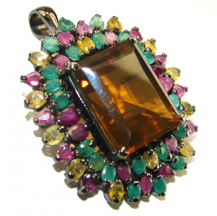 Luxurious 48.5 carat Fancy Smoky Topaz Multicolored Sapphire black rhodium over .925 Sterling Silver handmade Large Pendant - Brooch - photo 2