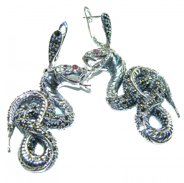 Snakes Ruby Marcasite .925 Sterling Silver handcrafted Earrings - photo 2