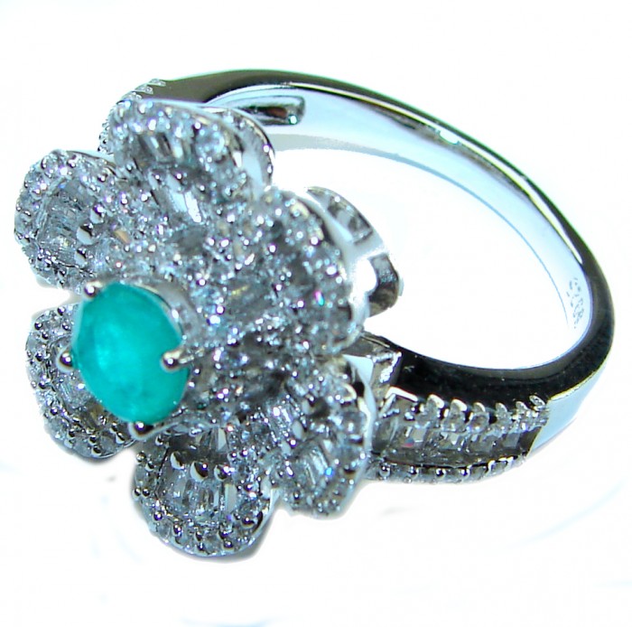 Luxurious Flower 3.1 carat Emerald .925 Sterling Silver handcrafted Ring size 8 - photo 1