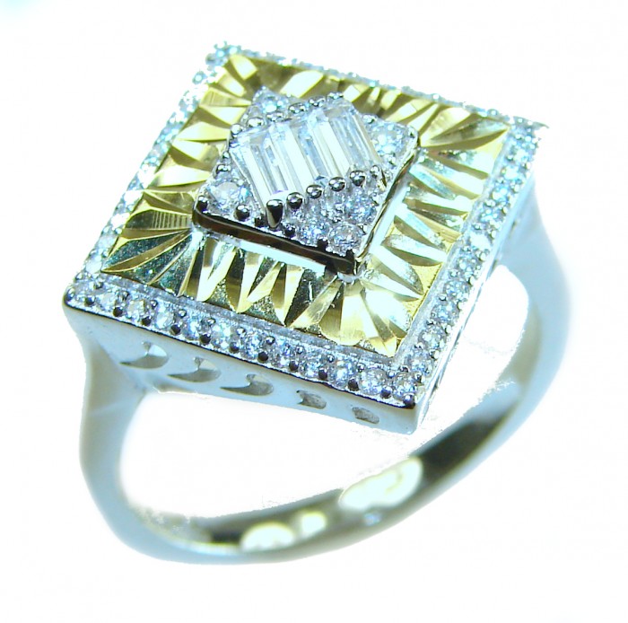Art Deco 15.2 carat White Topaz 2 tones .925 Silver handcrafted Cocktail Ring s. 8 - Art Deco white topaz ring, top view, 2-tone silver, intricate design.