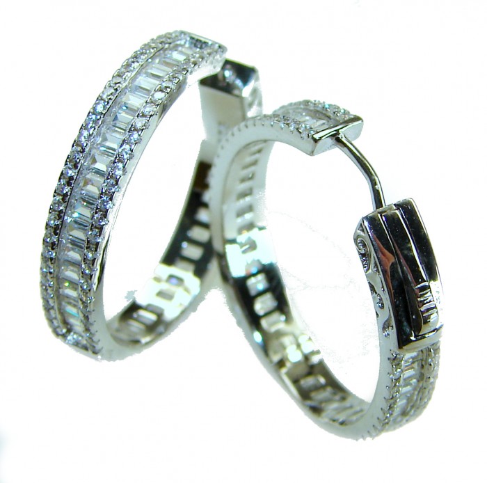 Allure Natural 8.2 carat White Topaz .925 Sterling Silver handcrafted hoop earrings - Sterling silver hoop earrings with white topaz, clasp detail.