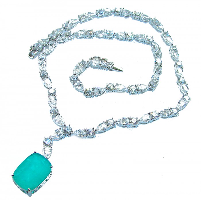 Born to Glam authentic 10.9 carat Colombian Emerald .925 Sterling Silver handcrafted Statement necklace - Necklace with emerald pendant and diamond accents on white background.