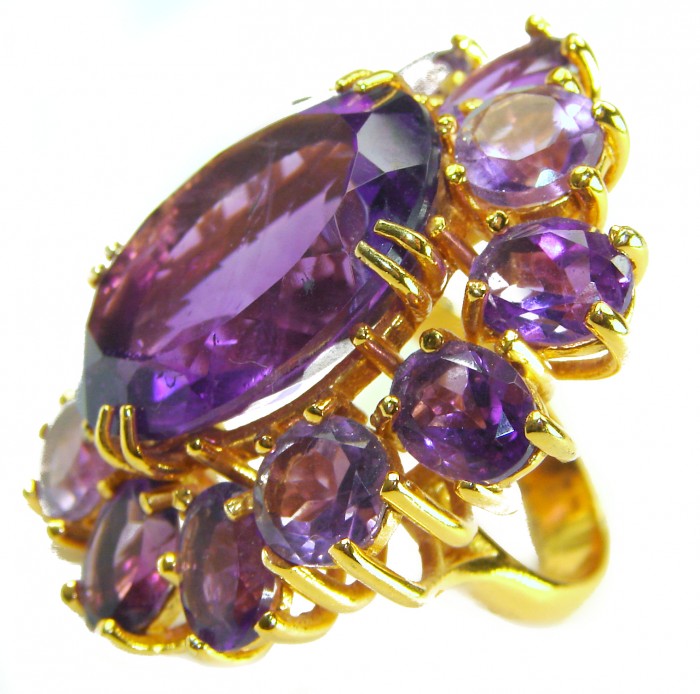 Purple Odyssey 59.5 carat natural Purple Amethyst 18K Gold over .925 Sterling Silver Handcrafted Ring size 7 - Close-up of Purple Odyssey amethyst ring in 18K gold setting