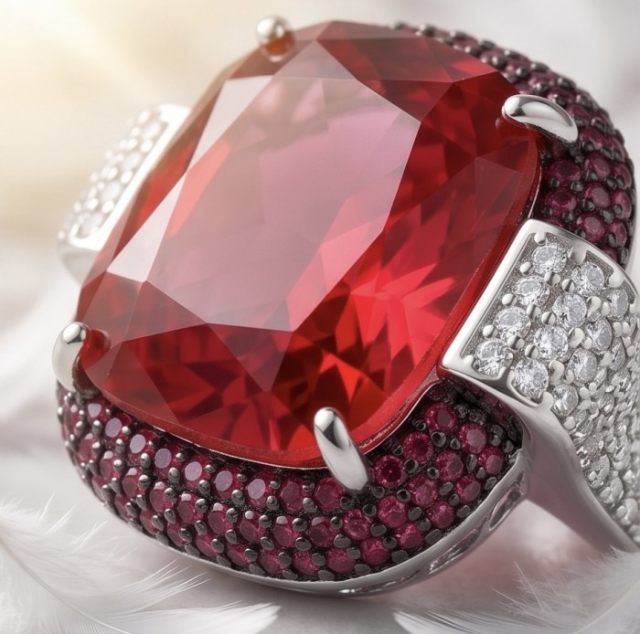 Art Deco 18.6 ctw Red Topaz black enamel .925 Sterling Silver handcrafted Statement Ring size 7 adjustable - Close-up of Art Deco Red Topaz ring with black enamel and diamonds.