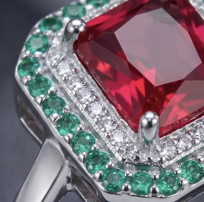Natural 7.8 carat Ruby .925 Sterling Silver dipped rhodium handmade Statement Ring size 7 3/4 - Close-up of natural ruby ring with emerald and diamond accents.