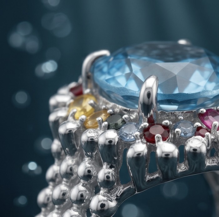 Ocean Blue Natural 22.8 carat Swiss Blue Topaz .925 Sterling Silver dipped in rhodium handmade Large Statement Ring size 8 - Stone close-up of Ocean Blue Swiss Blue Topaz ring with colorful gems.