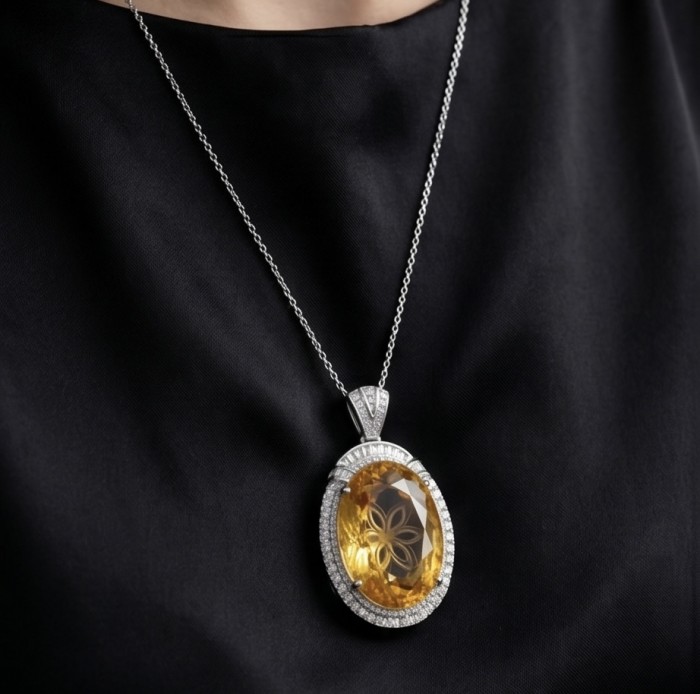 Angel's Wish Luxurious 36.7 carat yellow Sapphire .925 Sterling Silver handcrafted pendant - Yellow Sapphire pendant necklace worn on black background