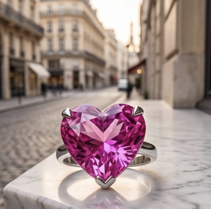 Angel's Heart Luxurious 19.8 carat Pink Sapphire .925 Silver handcrafted Cocktail Ring s. 7 3/4 - Pink sapphire heart ring close-up on marble in street setting