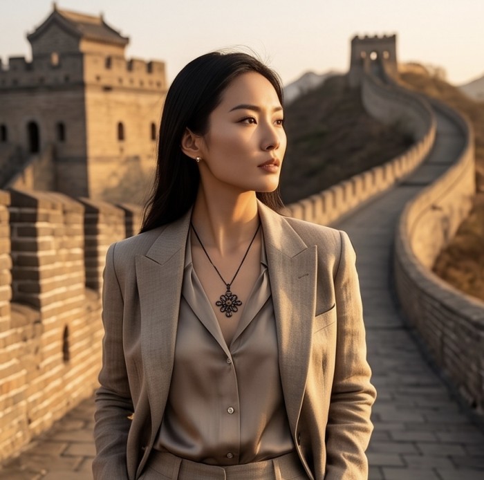Conqueror Authentic 9.5 carat carved 10.8 CARAT Smoky Topaz black rhodium over .925 Sterling Silver handmade Statement Pendant - Woman wearing Conqueror necklace at Great Wall background, side view.
