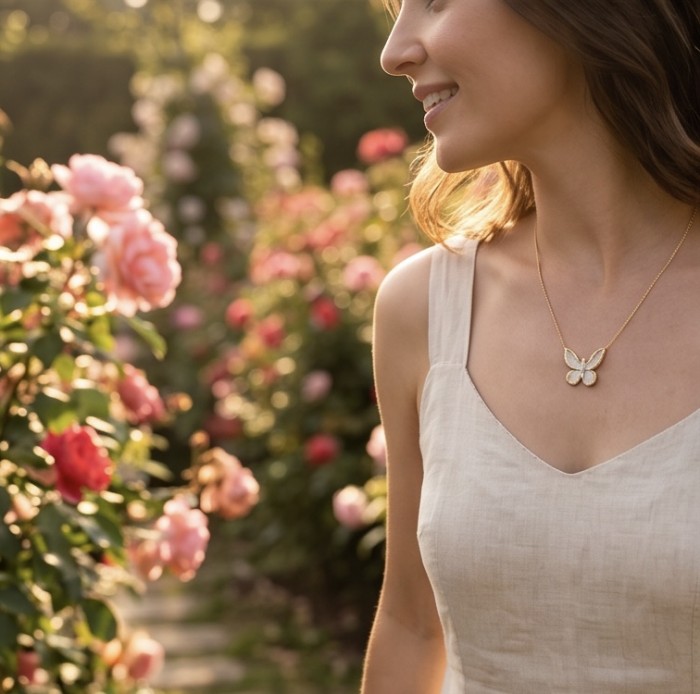 Golden Butterfly White Topaz highly polished 18K Gold over .925 Sterling Silver Italy made necklace - Side view of woman wearing Golden Butterfly White Topaz necklace
