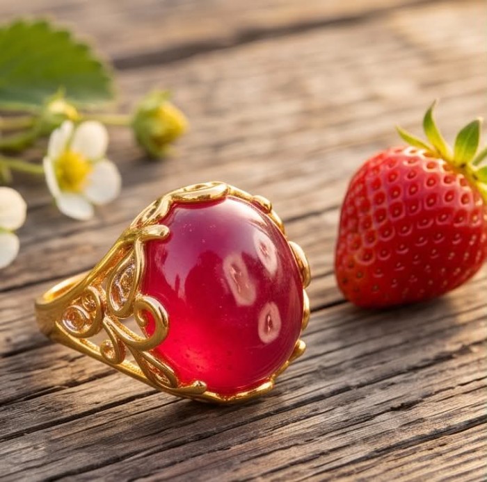 Giovanna 16.6 carat Kashmir Ruby .925 Sterling Silver dipped in 22K Gold handmade Statement Ring size 7 - Close-up of Giovanna 16.6 carat Kashmir Ruby ring on wood background.