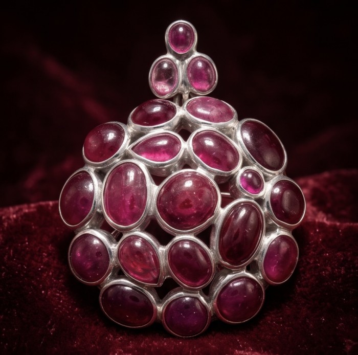 Raspberry Rhapsody - RARE FINDING - 48.7 carat Authentic Kashmir Ruby .925 Sterling Silver handcrafted Pendant Brooch - Stone close-up of Raspberry Rhapsody jewelry with 48.7 carats.