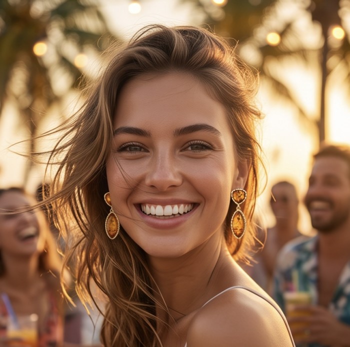 Golden Honey Drops authentic Baltic Amber 14K Gold over .925 Sterling Silver earrings - Woman wearing Golden Honey Drops Baltic Amber earrings at sunset party.