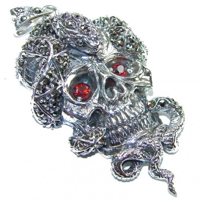 Huge Ghost Rider Ruby Authentic 5.8 carat Ruby Marcasite .925 Sterling Silver handcrafted Pendant - photo 1