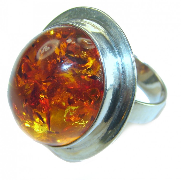 Large Golden Power Baltic Amber .925 Sterling Silver handcrafted ring; s. 8 adjustable - Amber ring close-up, large golden stone in silver setting.