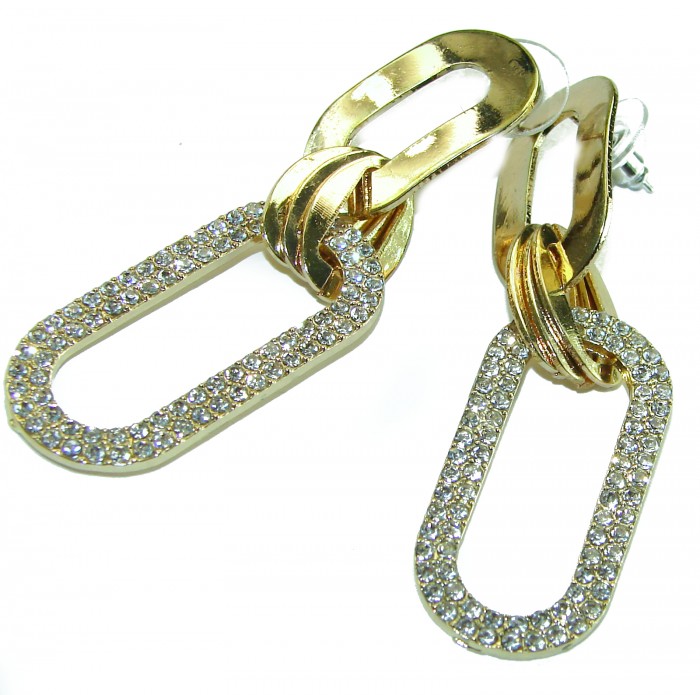 Authentic fancy White Topaz 10K Gold over .925 Sterling Silver handcrafted earrings - Gold link earrings with white topaz, front angle view.