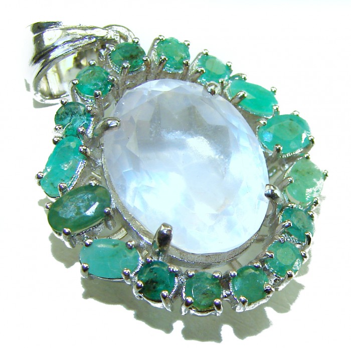 Vintage style Beauty genuine 10.5 carat Rose Quartz Emerald .925 Sterling Silver handmade Pendant - Close-up of vintage style pendant with rose quartz and emerald stones.
