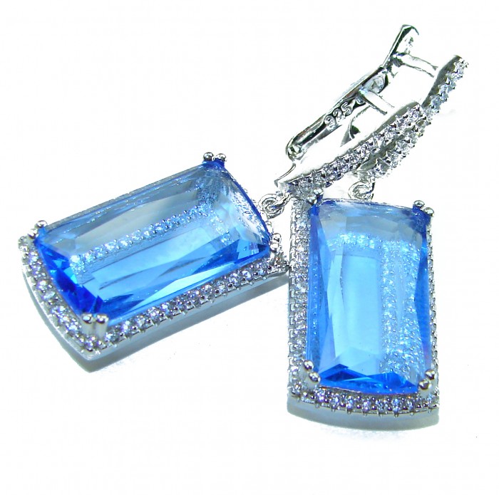 Eau Pure 14.5 carat Swiss Blue Topaz .925 Sterling Silver Handcrafted Earrings - Close-up of Eau Pure Swiss Blue Topaz earrings in sterling silver.