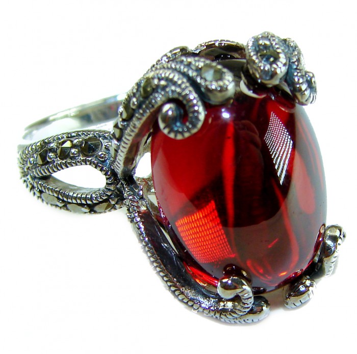 Crimson Fire Natural 28.8 carat Garnet Marcasite .925 Sterling Silver handmade Large Statement Ring size 7 - Close-up of Crimson Fire Garnet ring with ornate silver detailing