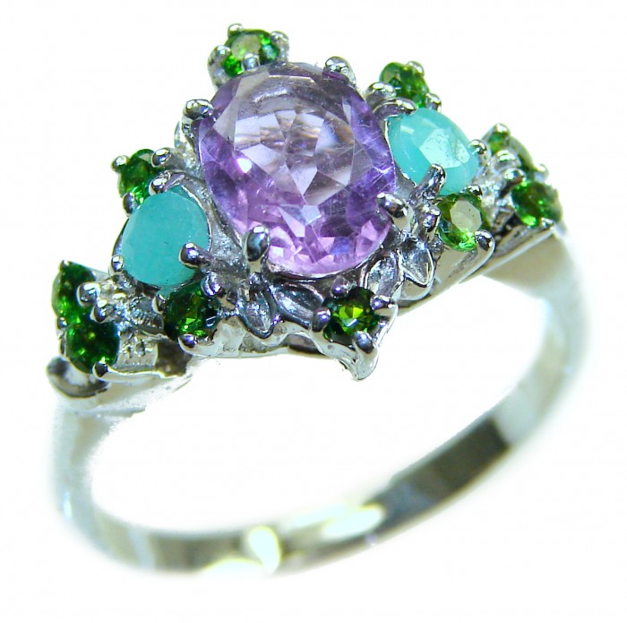 4.8 carat Purple Amethyst .925 Sterling Silver Handcrafted Ring size 8 - Amethyst and green gemstone ring, close-up, sterling silver setting.