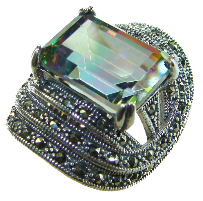 Big Dreamer Massive 17.8 carat Mystic Topaz .925 Sterling Silver handcrafted Large ring size 7 - Close-up of massive Mystic Topaz ring in ornate sterling silver setting
