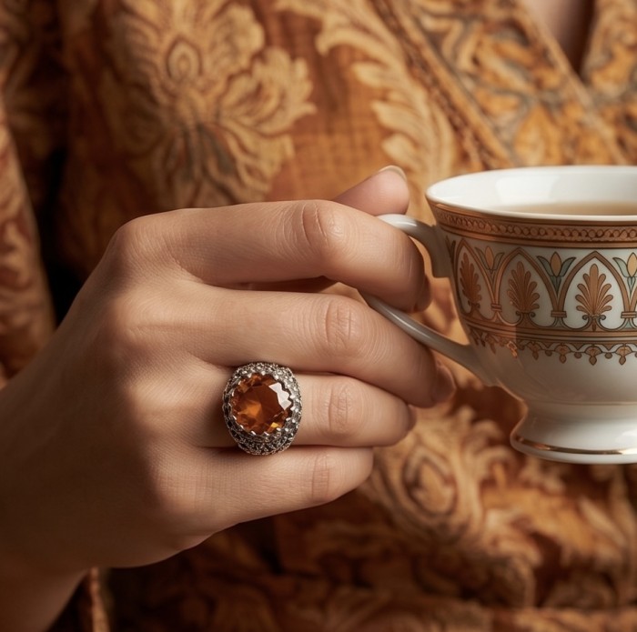 Serenity Natural 38.4 carat GOLDEN Topaz Marcasite .925 Sterling Silver handmade Large Statement Ring size 7 - Worn on hand with tea cup, showcasing 38.4ct golden topaz ring.