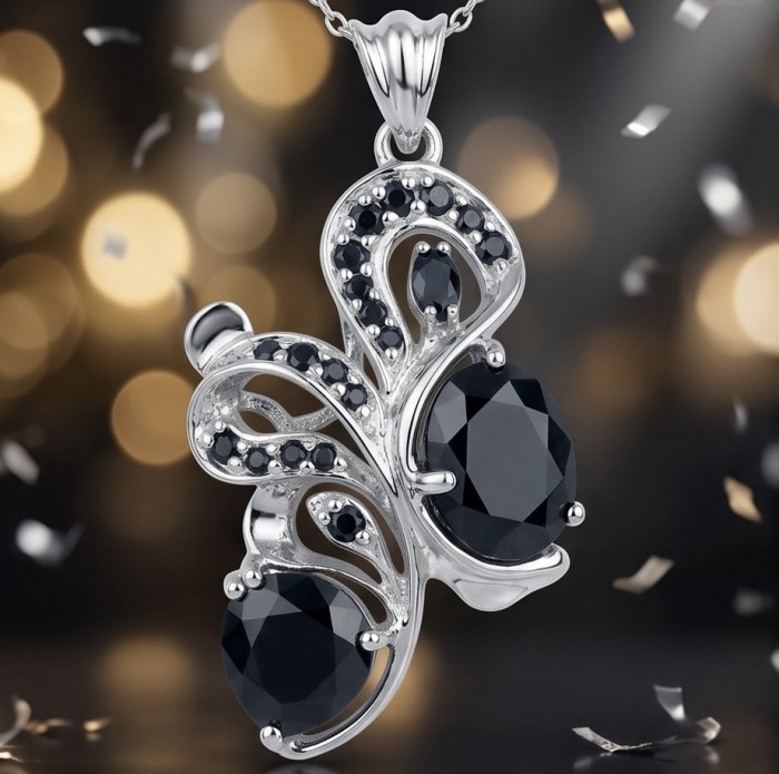 Mademoiselle - 14.4 carat natural Amethyst .925 Sterling Silver dipped in rhodium handcrafted Pendant - Close-up of butterfly-shaped pendant with black stones and silver details.