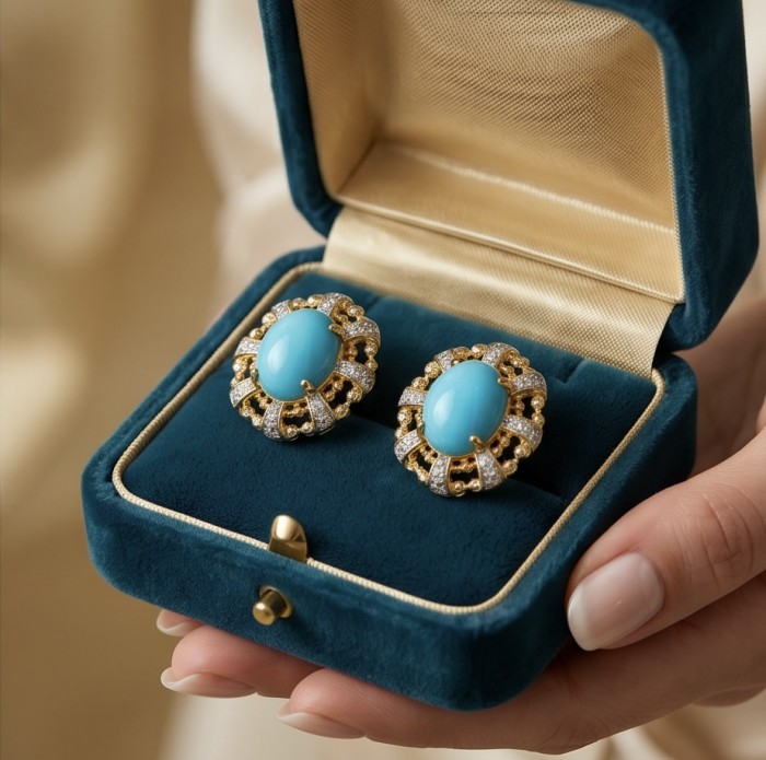 Sofia - authentic Sleeping Beauty Turquoise 22K Gold over .925 Sterling Silver handcrafted Earrings - Turquoise earrings in a velvet box, top view.