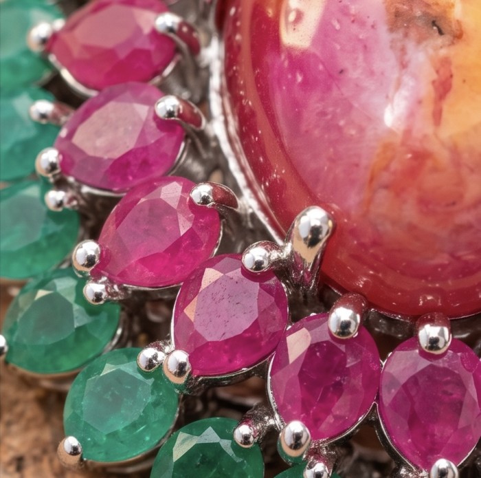 Carmen - authentic 22.5 carat Star Ruby rhodium over .925 Sterling Silver handcrafted Pendant - Close-up of Carmen Star Ruby with green and pink gemstones.