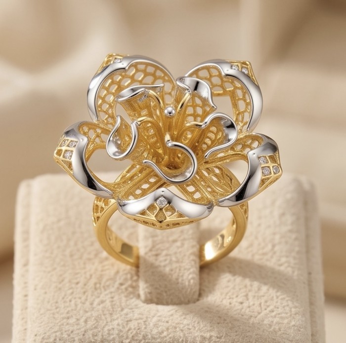 GOLDEN ROSE- Dubai Style - .925 Sterling Silver dipped in 22K Gold handmade Large ring size 7 - Golden rose design ring, top view, on display cushion.
