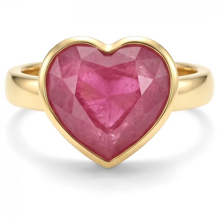 Always on my Mind Natural heart shape 22.7 carat Ruby .925 Sterling Silver dipped in 22K Gold handmade Statement Ring size 8 - Heart-shaped ruby ring front view on gold band