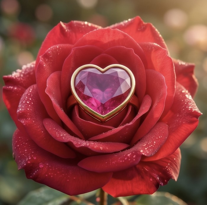 Always on my Mind Natural heart shape 22.7 carat Ruby .925 Sterling Silver dipped in 22K Gold handmade Statement Ring size 8 - Heart-shaped ruby gemstone on a dewy red rose, close-up view.