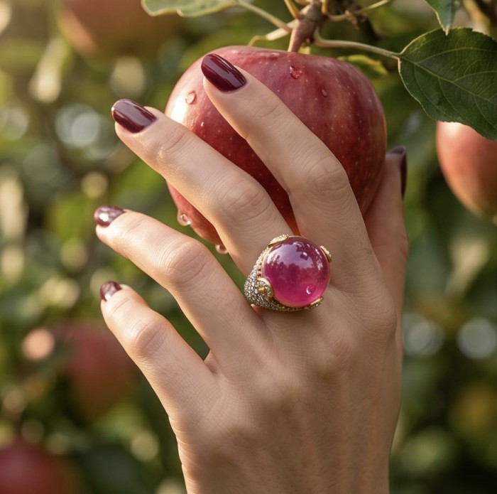 Scarlett 19.7 ctw Mozambique Ruby .925 Sterling Silver dipped in 22K WHITE Gold handcrafted Statement Ring size 7 - Worn on hand, Scarlett Ruby ring with apple in background.