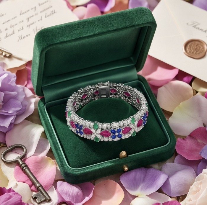 RARE BEAUTY! Valentina 31.2 carat Ruby Emerald Sapphire .925 Sterling Silver dipped in rhodium Statement Bracelet - Top view of gemstone bracelet in green box on floral background.