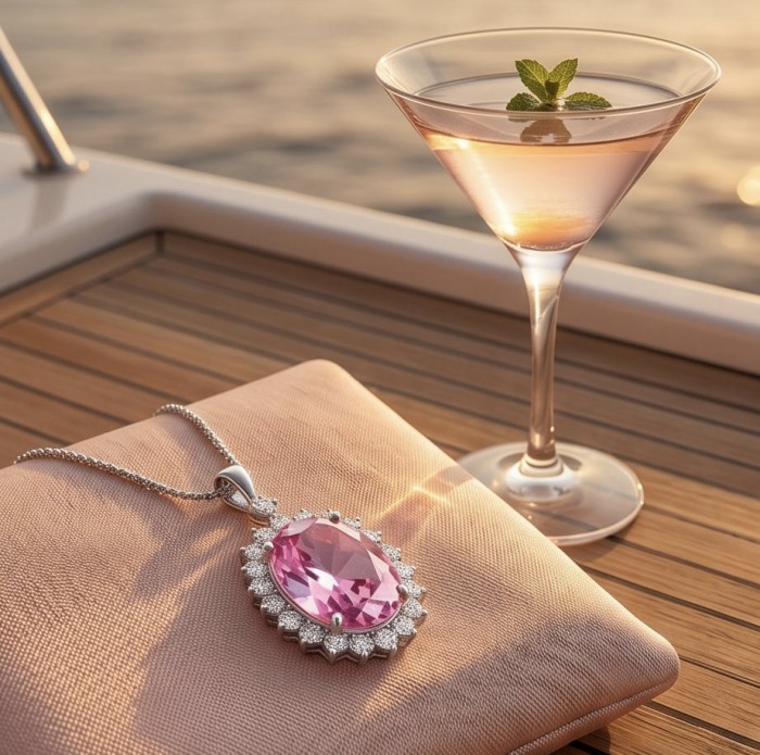 Incredible oval cut 15.8 carat Pink Sapphire .925 Sterling Silver handcrafted pendant - Pink sapphire pendant on cushion, side view with cocktail in background
