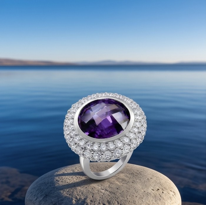 Vintage Beauty - fancy roud cut 14.5 carat Amethyst .925 Sterling Silver dipped in rhodium Handcrafted Large Ring size 5 - Amethyst ring with diamond halo on stone by the water, top view.
