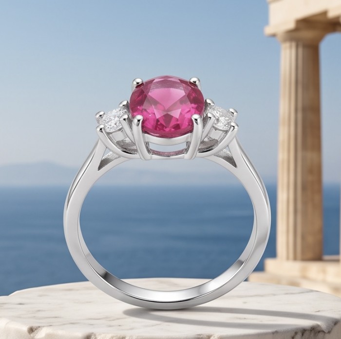 Scarlett 2.4 ctw Mozambique Ruby .925 Sterling Silver handcrafted Statement Ring size 8 - Side view of Scarlett Mozambique ruby ring on marble with ocean backdrop.