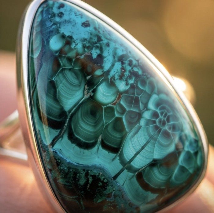 Authentic Parrot's Wing Chrysocolla rhodium over .925 Sterling Silver handcrafted ring size 8 adjustable - Close-up of Parrot's Wing Chrysocolla stone in sterling silver setting