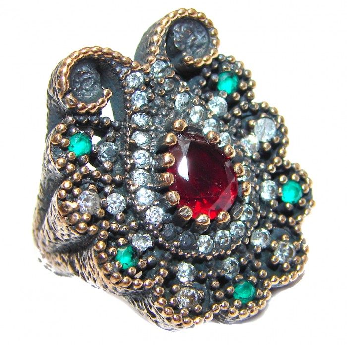 Large Victorian Style created Ruby & White Topaz Sterling Silver ring; s. 5 1/4 - photo 1