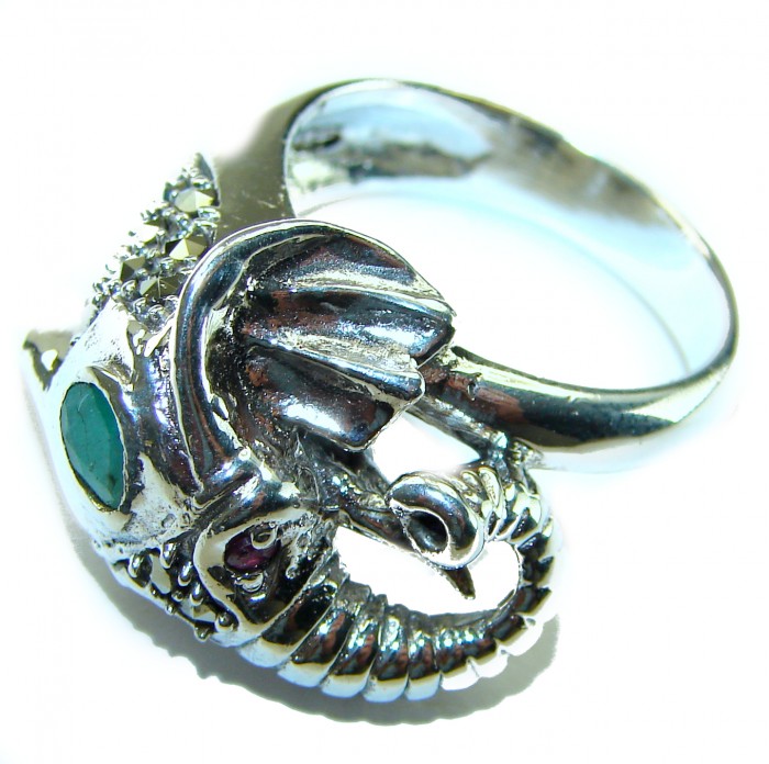 Lucky Elephant Emerald Large Bali made .925 Sterling Silver handcrafted Ring s. 9 - photo 1