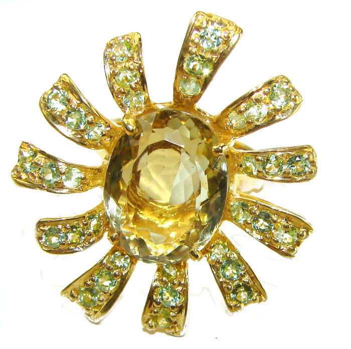Golden Flower 10.5 carat Authentic Citrine Peridot 14K Gold over .925 Sterling Silver handcrafted Statement ring size 7 - photo 4